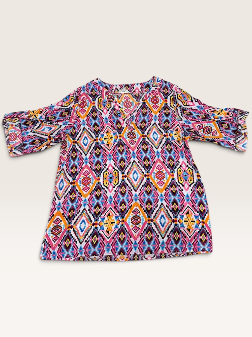 Freeway Southwestern Aztec Geometric Print Tunic Top Multicolor M